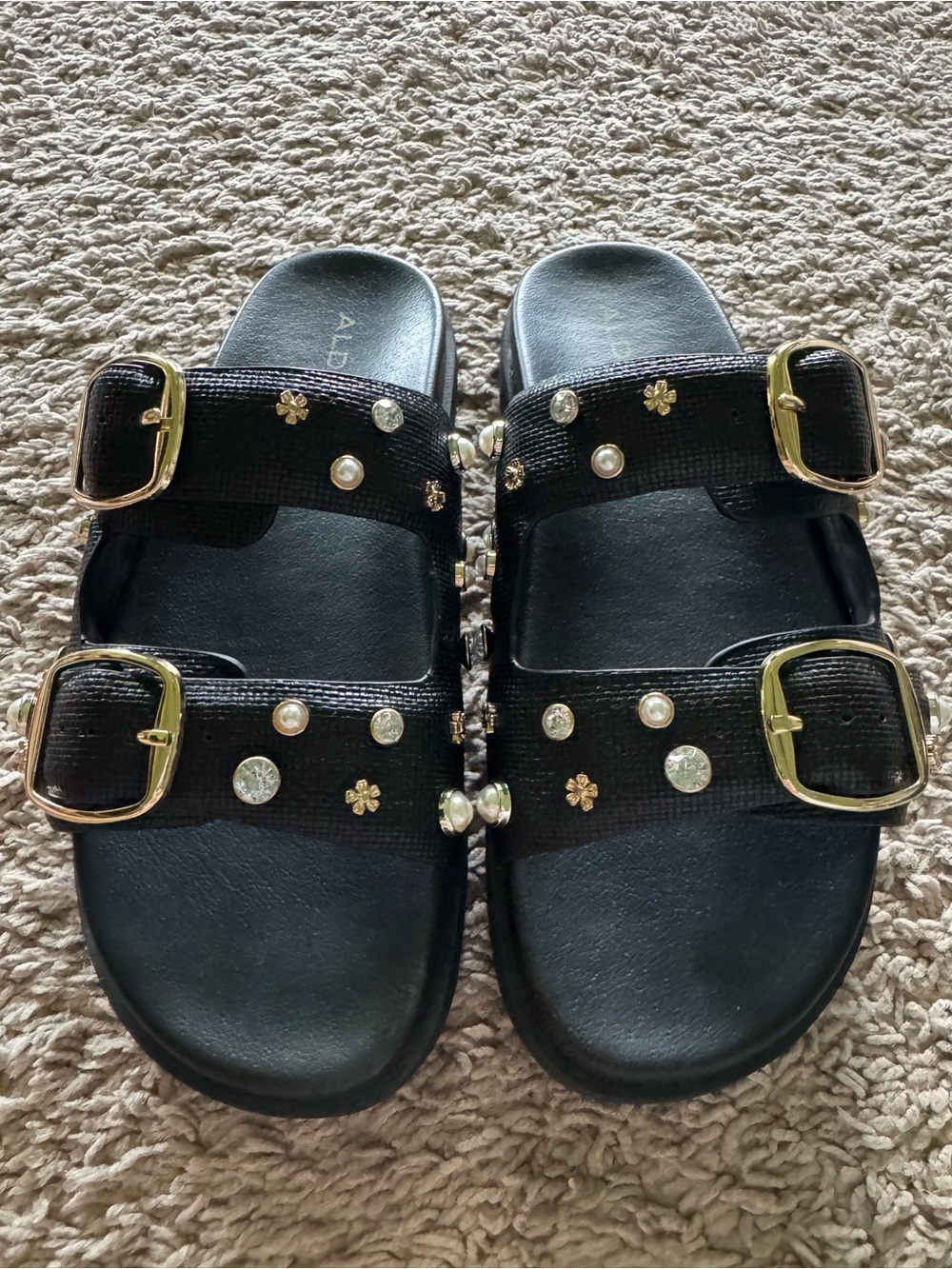 Also Black Embellished Double-Buckle Slide Sandals